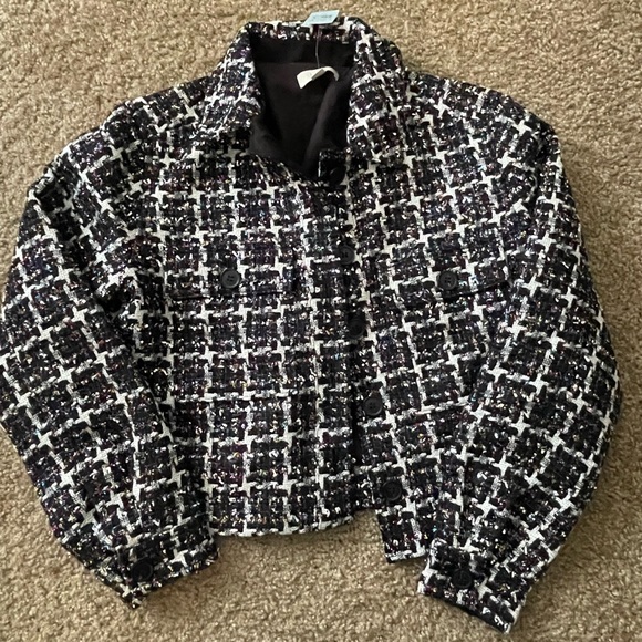 LOFT Size Extra Small Petite Shimmer Tweed Cropped Shirt Jacket/Blazer - Picture 4 of 6